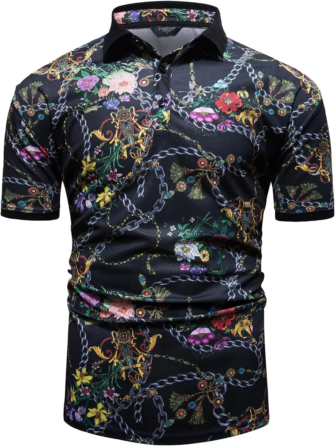 Mens Luxury Polo Shirts Black Gold Short Sleeve Baroque Chain Print Casual Wicking Golf Flower T-Shirt