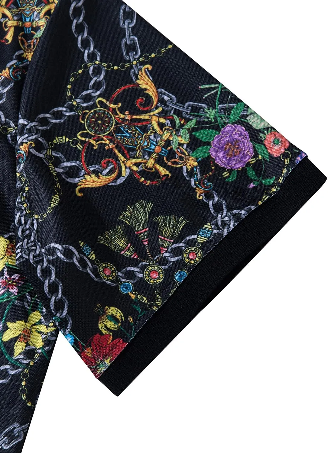 Mens Luxury Polo Shirts Black Gold Short Sleeve Baroque Chain Print Casual Wicking Golf Flower T-Shirt