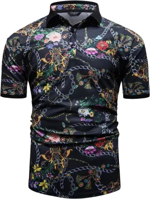 Mens Luxury Polo Shirts Black Gold Short Sleeve Baroque Chain Print Casual Wicking Golf Flower T-Shirt