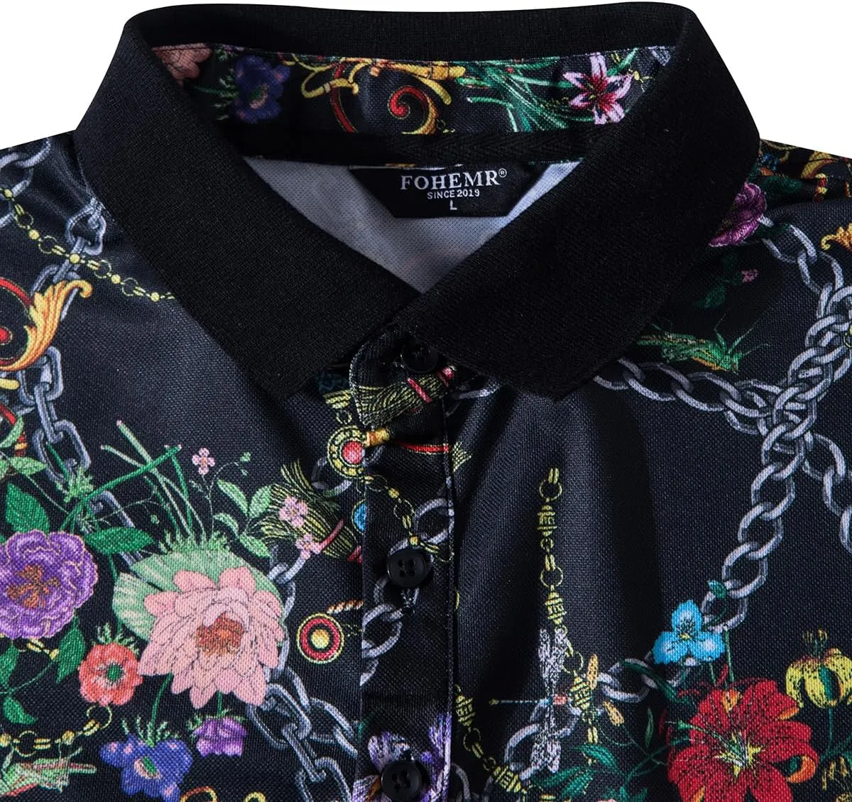 Mens Luxury Polo Shirts Black Gold Short Sleeve Baroque Chain Print Casual Wicking Golf Flower T-Shirt