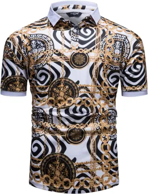 Mens Luxury Polo Shirts Black Gold Short Sleeve Baroque Chain Print Casual Wicking Golf Flower T-Shirt