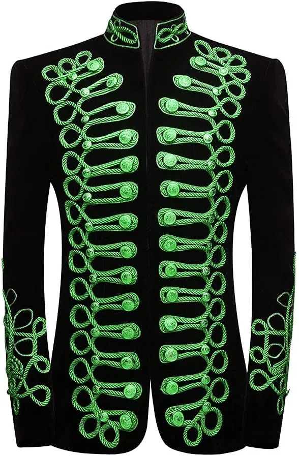 Mens Stylish Court Prince Black Velvet Gold Embroidery Blazer Suit Jacket