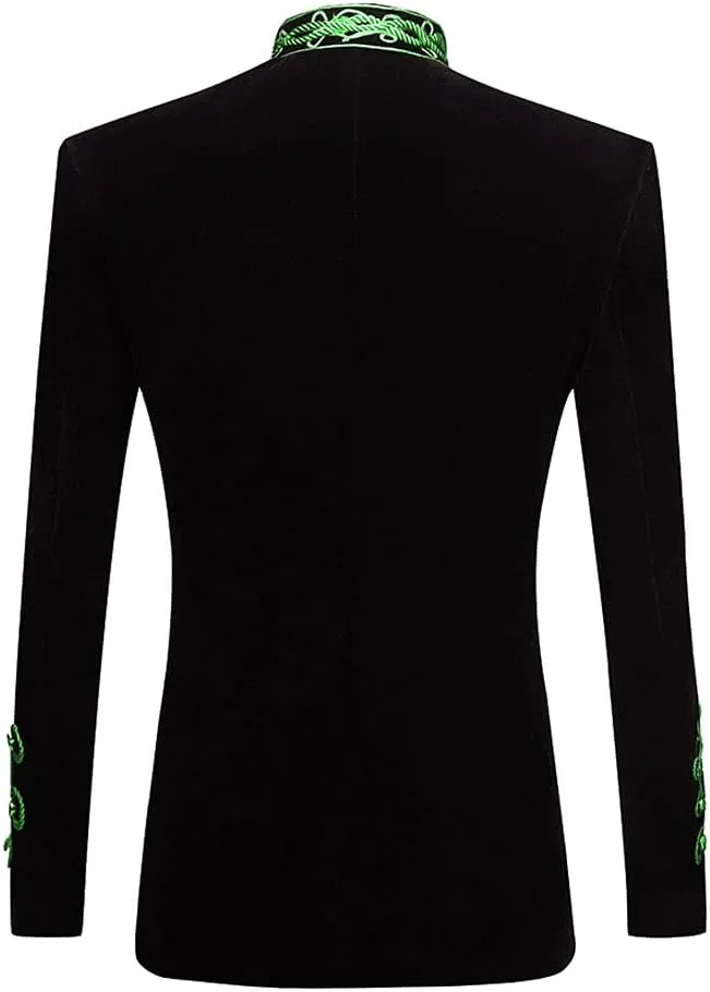 Mens Stylish Court Prince Black Velvet Gold Embroidery Blazer Suit Jacket
