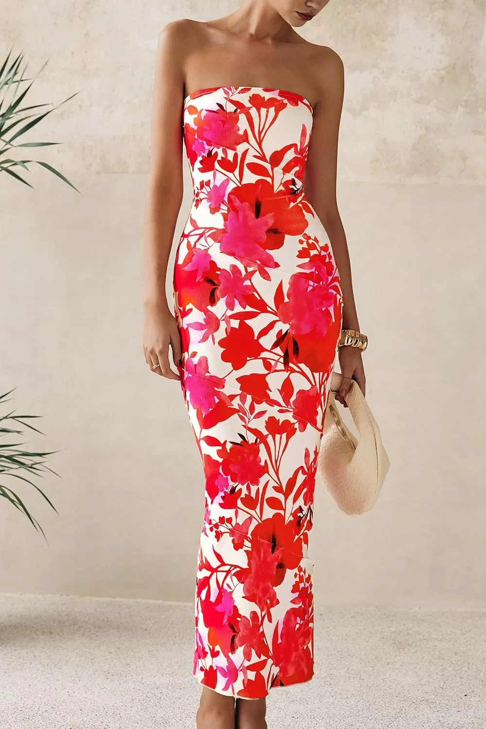 PRETTYGARDEN Women's 2025 Summer Floral Bodycon Maxi Dresses Ribbed Strapless Tube Casual Boho Party Long Dress