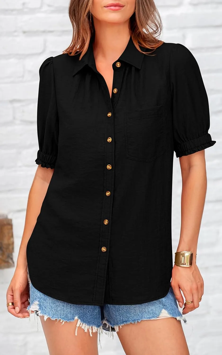 PRETTYGARDEN Womens Summer Short Sleeve Button Down Shirts V Neck Collared Casual Blouse Tops with Pockets