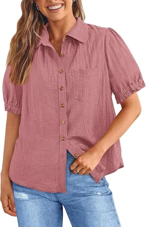 PRETTYGARDEN Womens Summer Short Sleeve Button Down Shirts V Neck Collared Casual Blouse Tops with Pockets