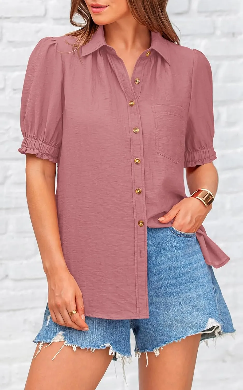 PRETTYGARDEN Womens Summer Short Sleeve Button Down Shirts V Neck Collared Casual Blouse Tops with Pockets