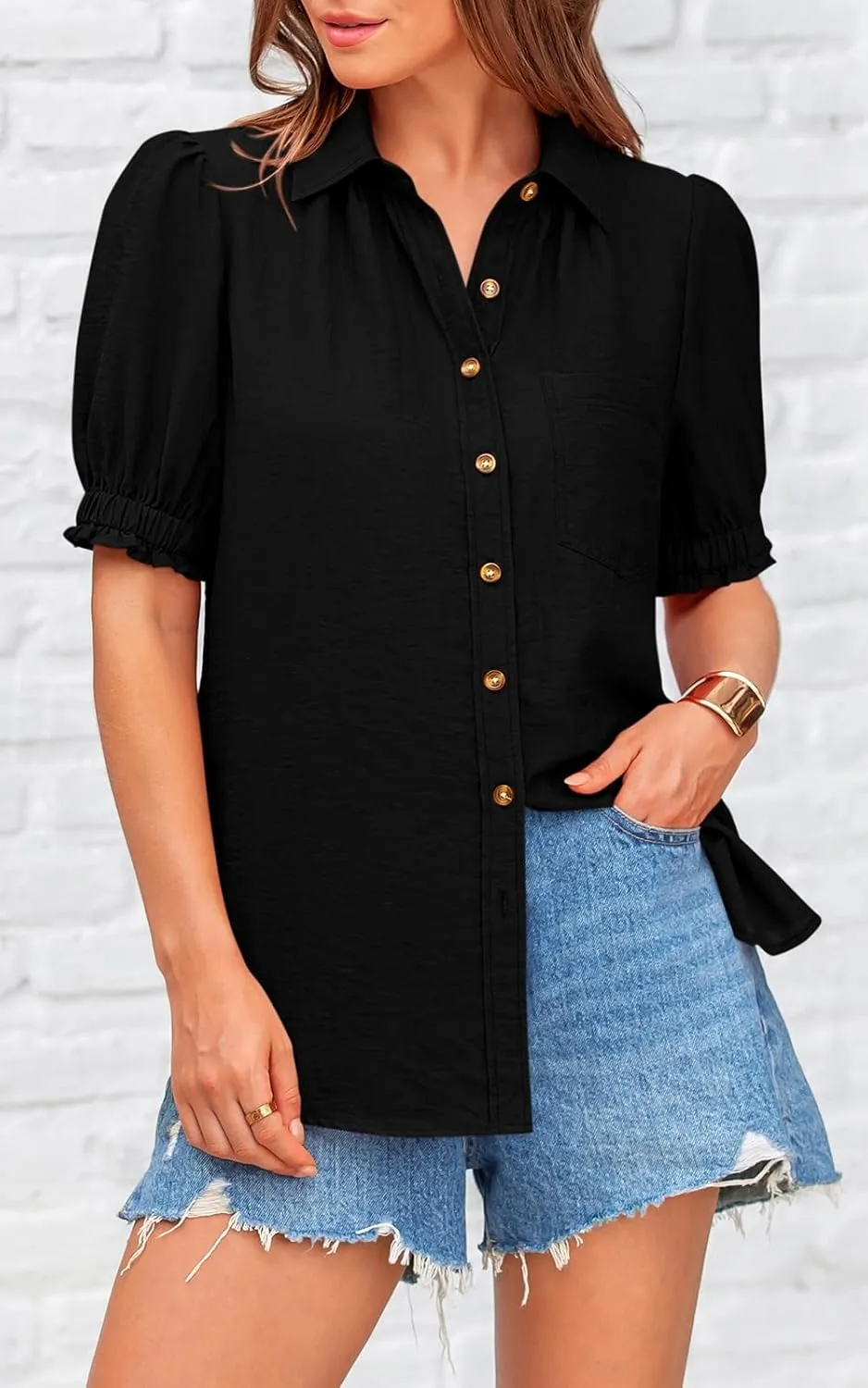 PRETTYGARDEN Womens Summer Short Sleeve Button Down Shirts V Neck Collared Casual Blouse Tops with Pockets