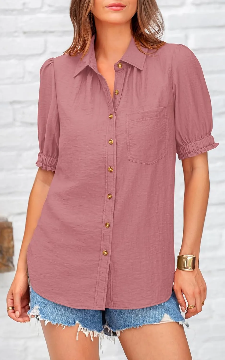 PRETTYGARDEN Womens Summer Short Sleeve Button Down Shirts V Neck Collared Casual Blouse Tops with Pockets