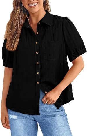 PRETTYGARDEN Womens Summer Short Sleeve Button Down Shirts V Neck Collared Casual Blouse Tops with Pockets