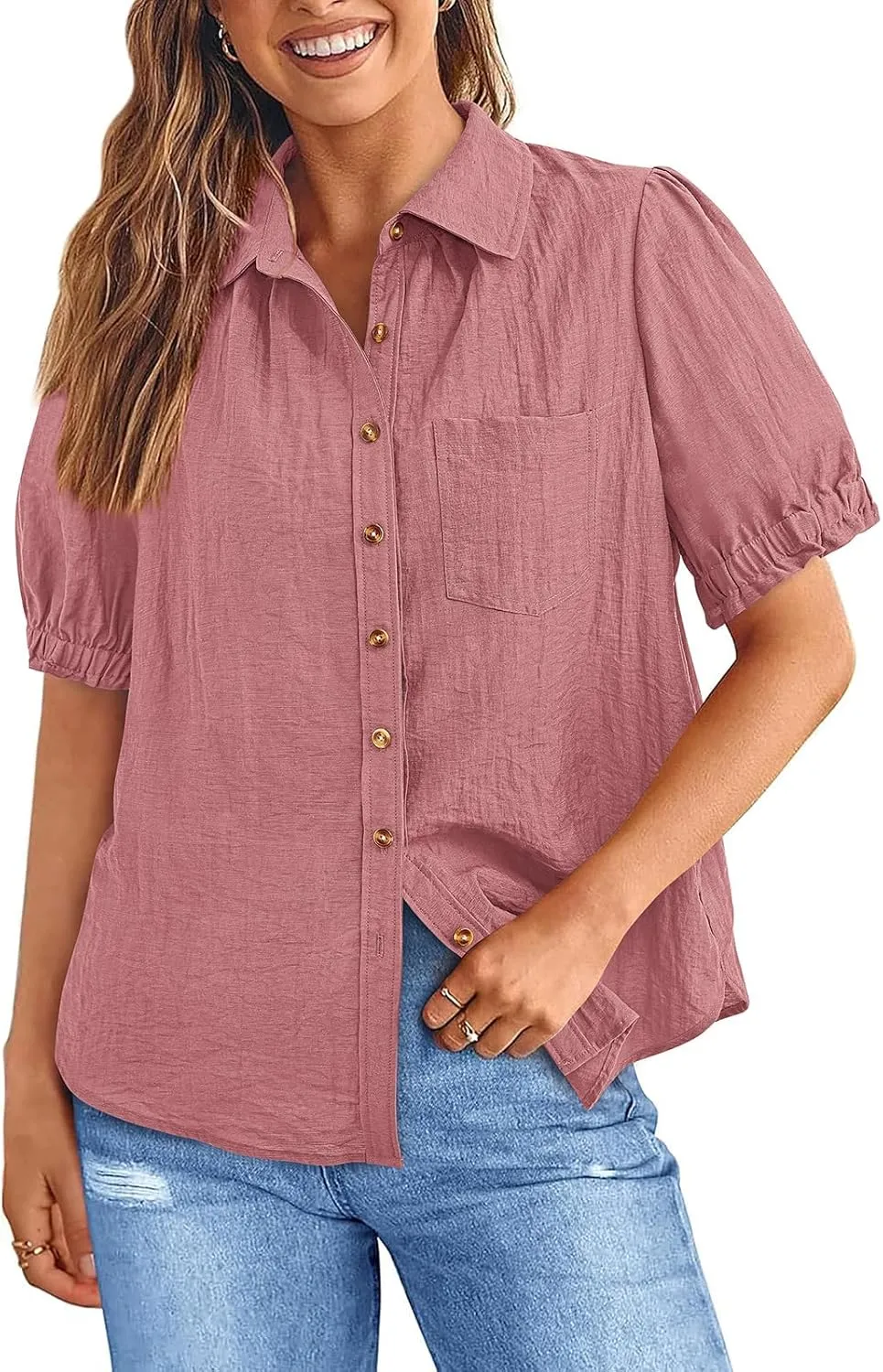 PRETTYGARDEN Womens Summer Short Sleeve Button Down Shirts V Neck Collared Casual Blouse Tops with Pockets