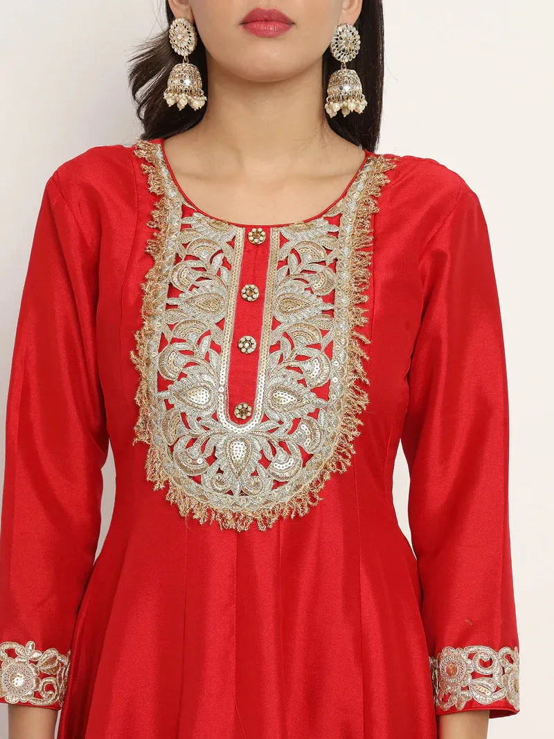 Red Anarkali Suit Set With Net Dupatta