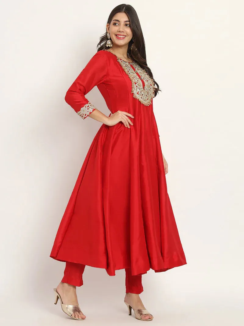 Red Anarkali Suit Set With Net Dupatta