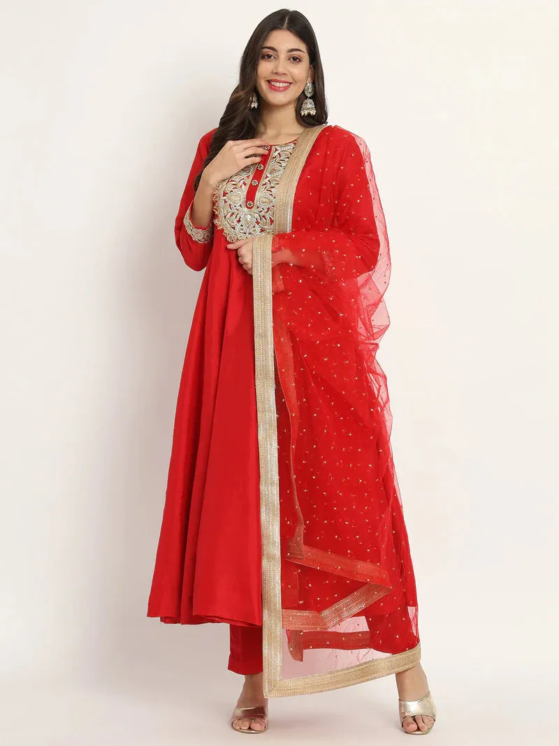Red Anarkali Suit Set With Net Dupatta