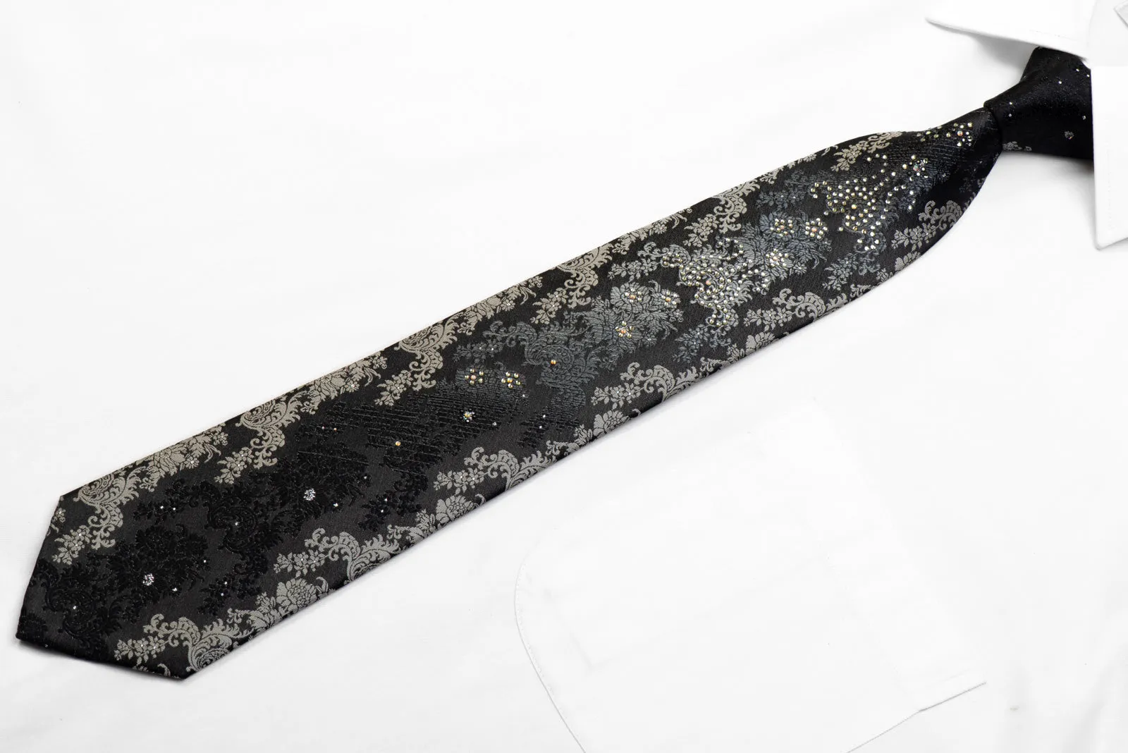 Renoma Rhinestone Silk Necktie Silver Damask On Black With Sparkles