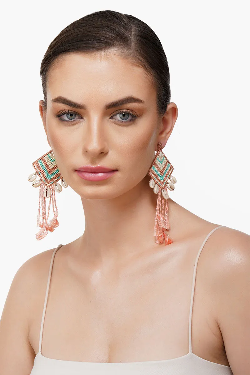 Rose Beaded Tassel Shell Earrings