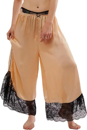 Seyumixi Women Lace Ruffled Long Bloomer Pants Lace Trim Pantaloons Elastic Waist Cropped Slip Pants Capri Pj Bottoms