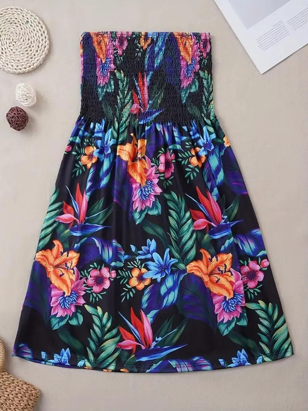 Summer Sexy Smocked Strapless Bandeau Dress for Women Beach Boho Strapless Cover Ups Off Shoulder Floral Sundresses