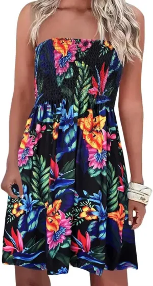 Summer Sexy Smocked Strapless Bandeau Dress for Women Beach Boho Strapless Cover Ups Off Shoulder Floral Sundresses
