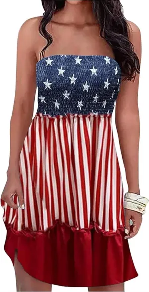 Summer Sexy Smocked Strapless Bandeau Dress for Women Beach Boho Strapless Cover Ups Off Shoulder Floral Sundresses