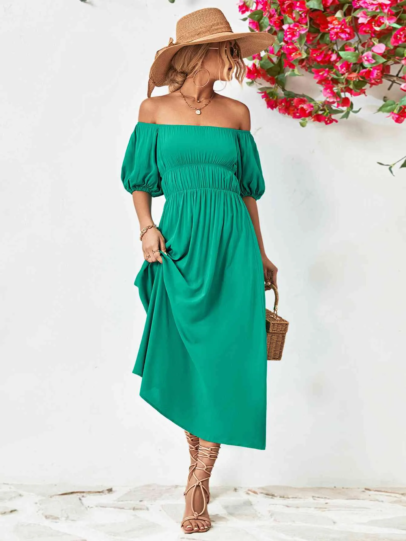 TEEK - Off-Shoulder Balloon Sleeve Midi Dress