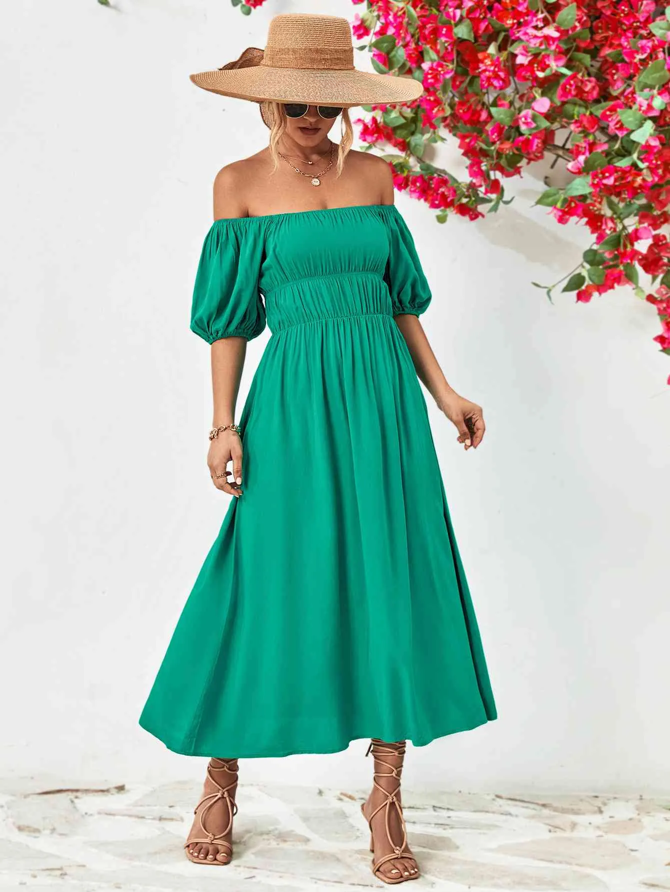 TEEK - Off-Shoulder Balloon Sleeve Midi Dress