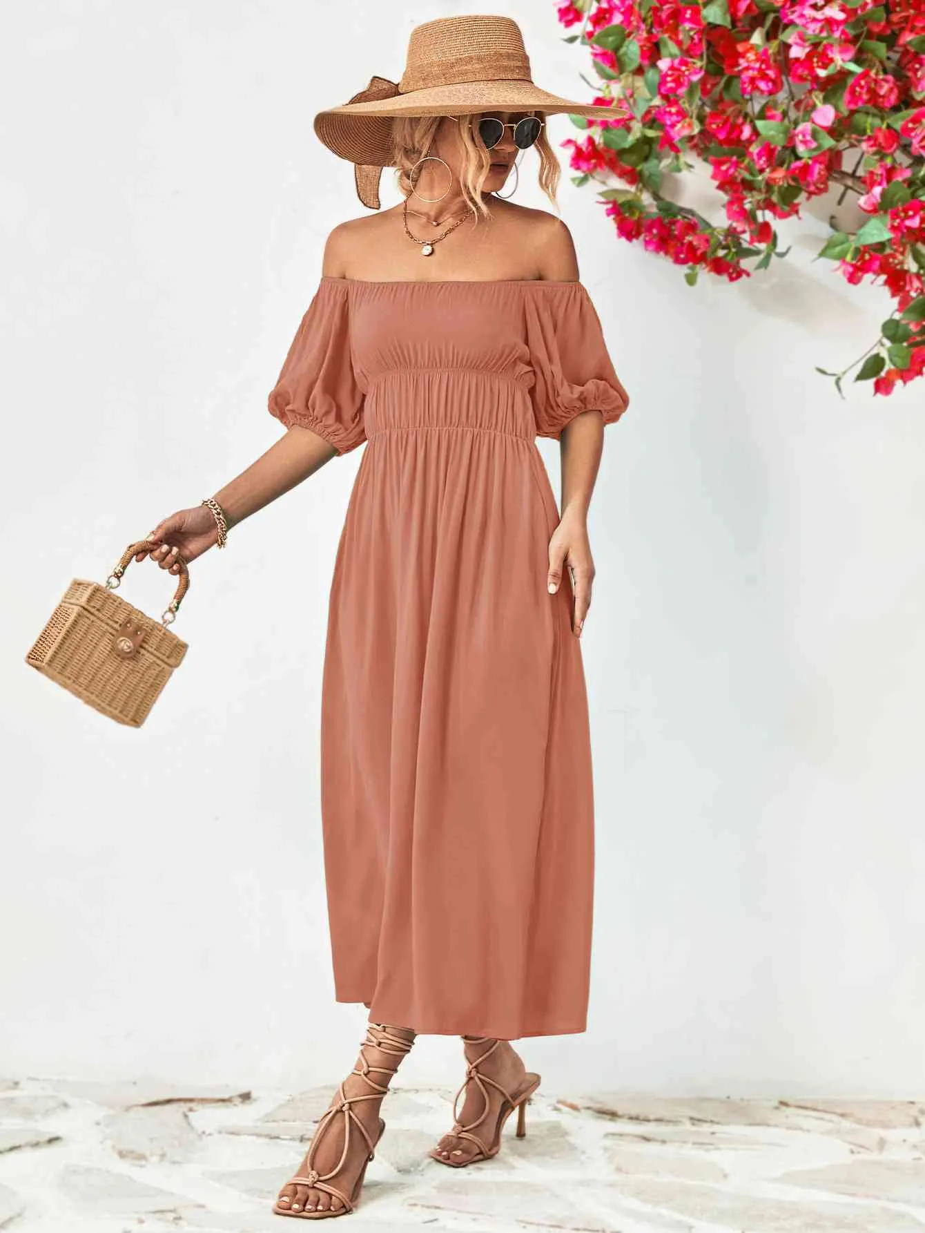 TEEK - Off-Shoulder Balloon Sleeve Midi Dress