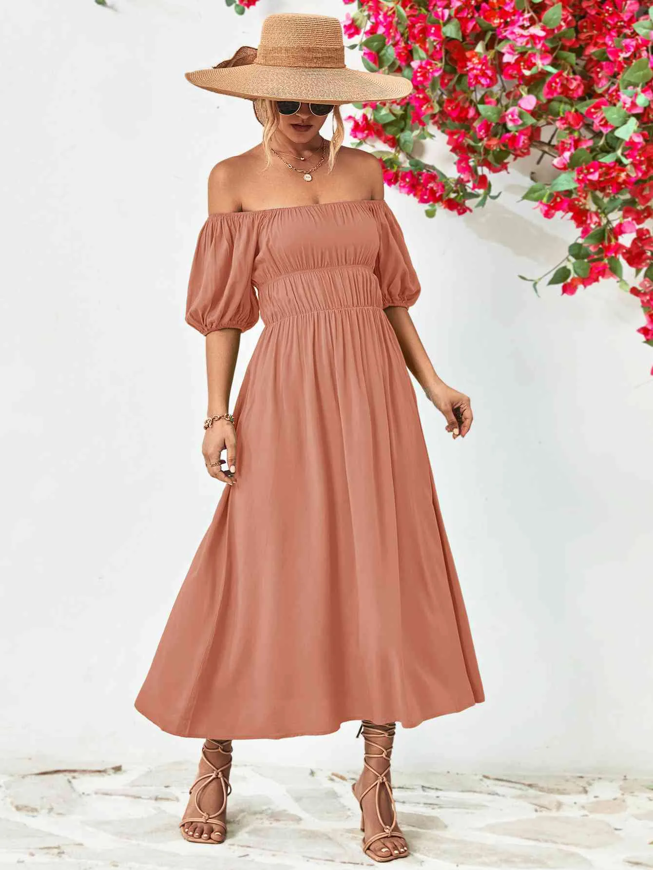 TEEK - Off-Shoulder Balloon Sleeve Midi Dress