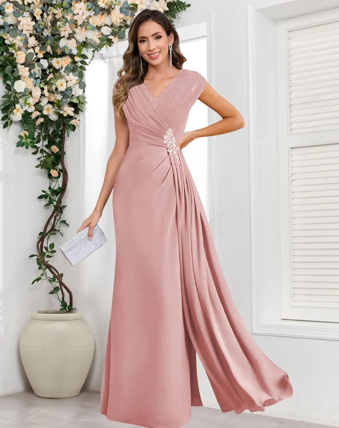 VCCICANY Cap Sleeves Mermaid Mother of The Bride Dresses Long for Women Chiffon Ruched V Neck Formal Dresses