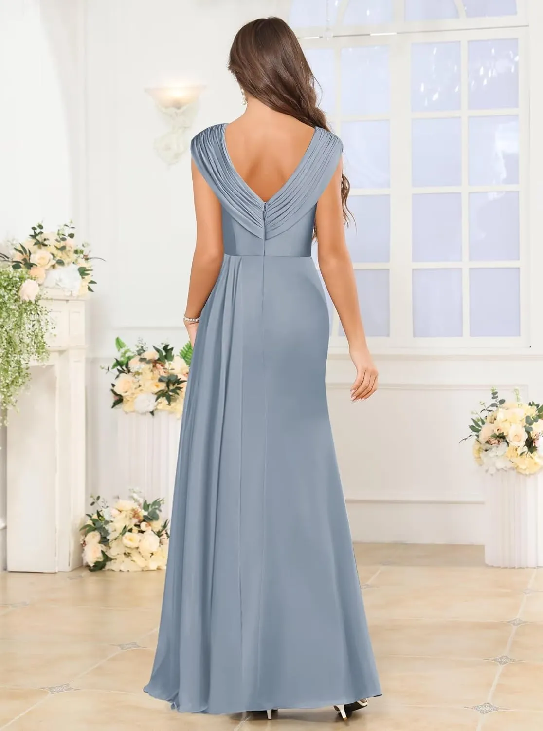 VCCICANY Cap Sleeves Mermaid Mother of The Bride Dresses Long for Women Chiffon Ruched V Neck Formal Dresses