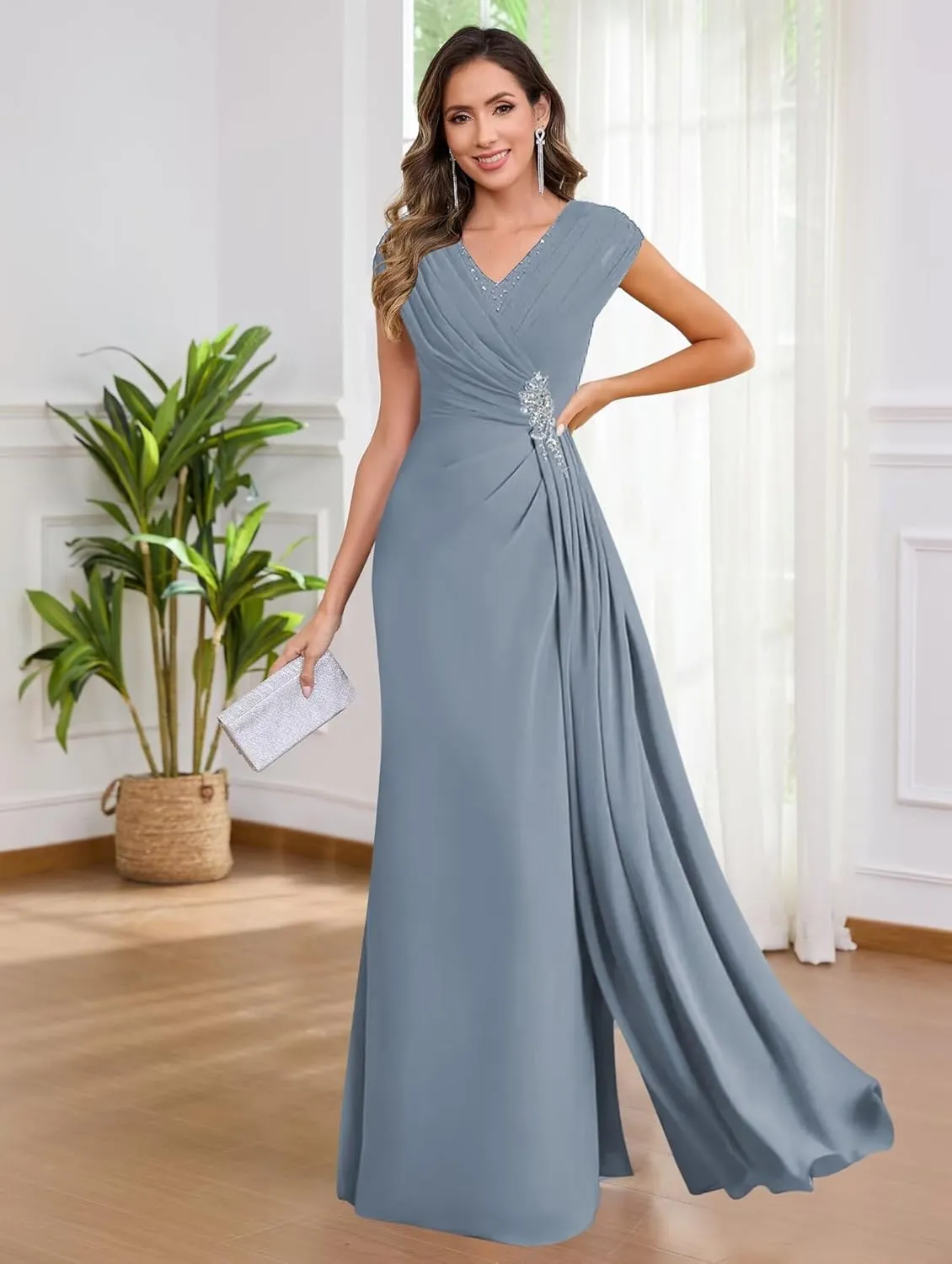VCCICANY Cap Sleeves Mermaid Mother of The Bride Dresses Long for Women Chiffon Ruched V Neck Formal Dresses