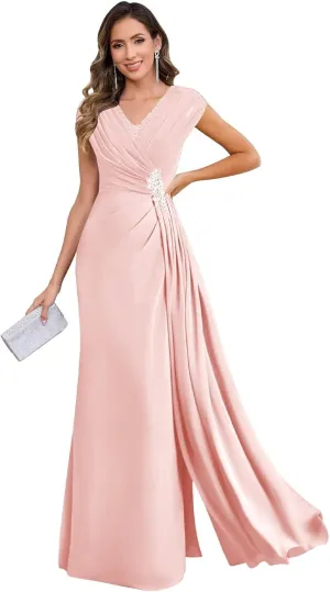 VCCICANY Cap Sleeves Mermaid Mother of The Bride Dresses Long for Women Chiffon Ruched V Neck Formal Dresses