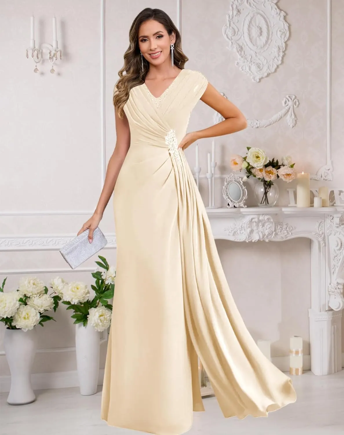 VCCICANY Cap Sleeves Mermaid Mother of The Bride Dresses Long for Women Chiffon Ruched V Neck Formal Dresses