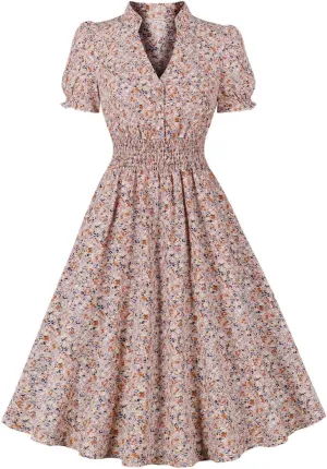 Wellwits Women's V Neck Smock Summer Ditsy Floral Vintage Dress