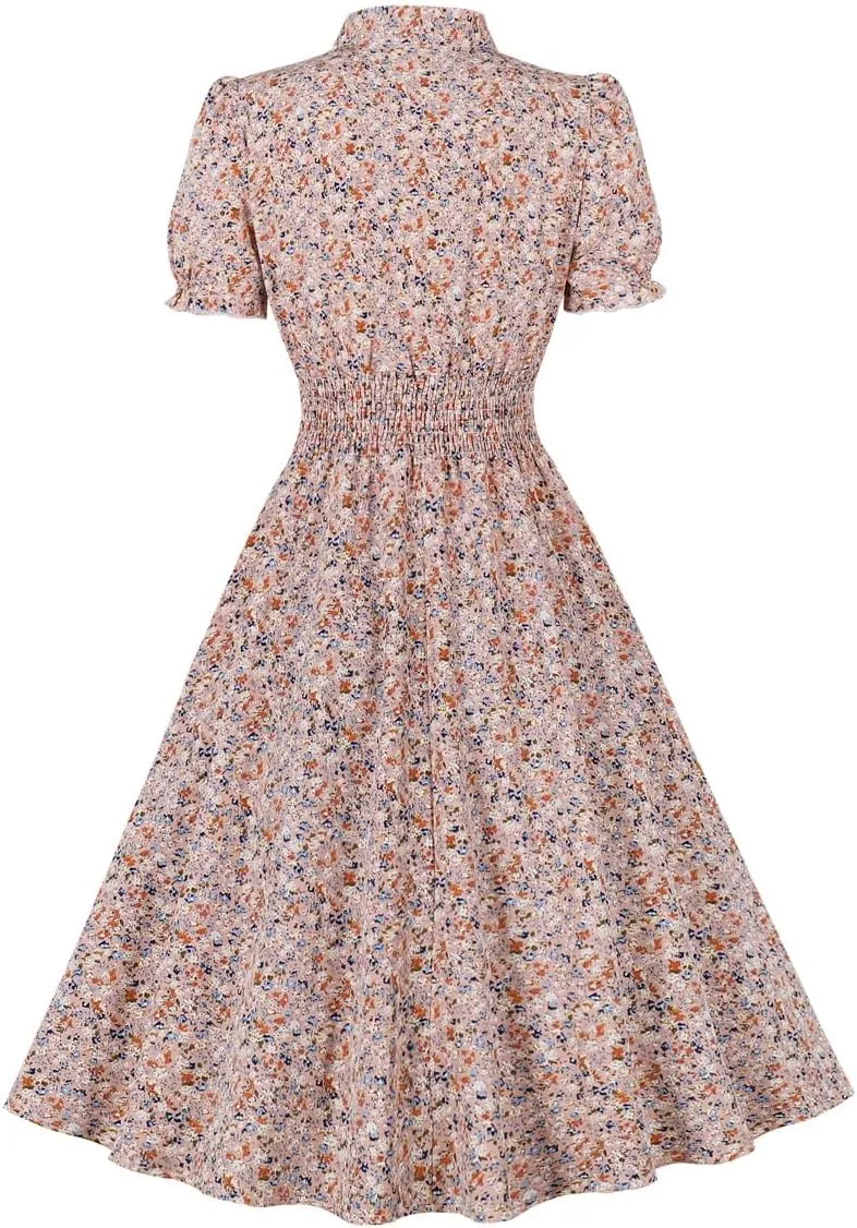 Wellwits Women's V Neck Smock Summer Ditsy Floral Vintage Dress