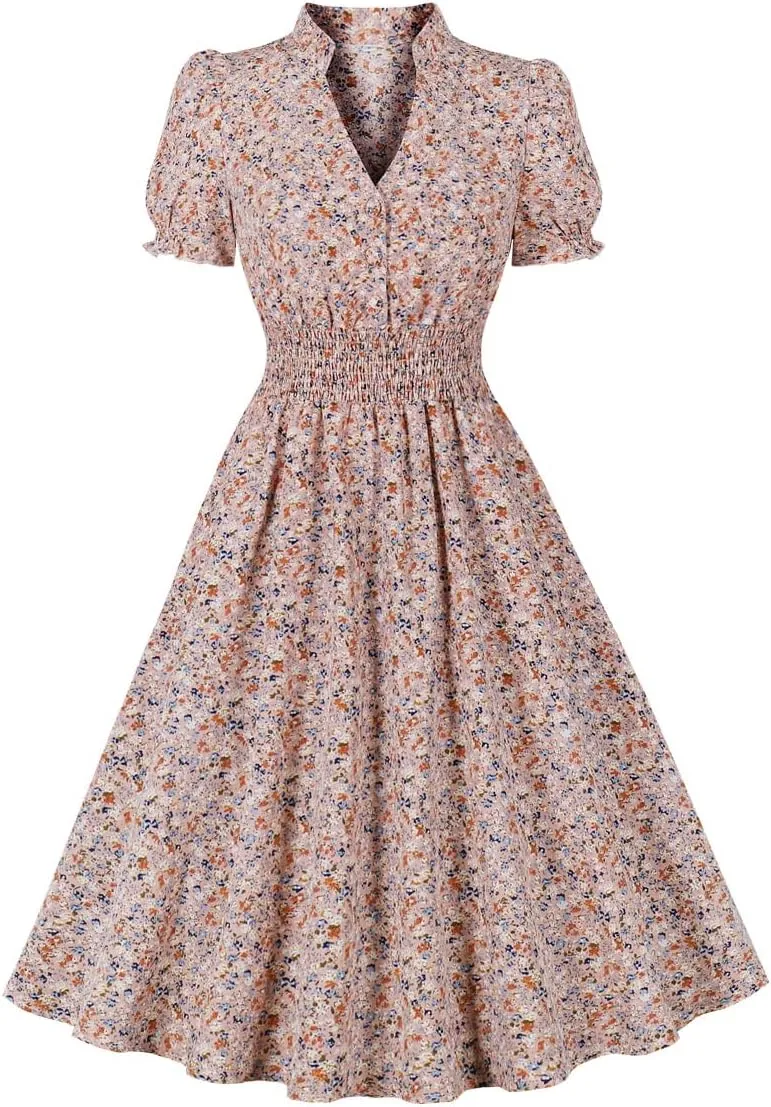 Wellwits Women's V Neck Smock Summer Ditsy Floral Vintage Dress