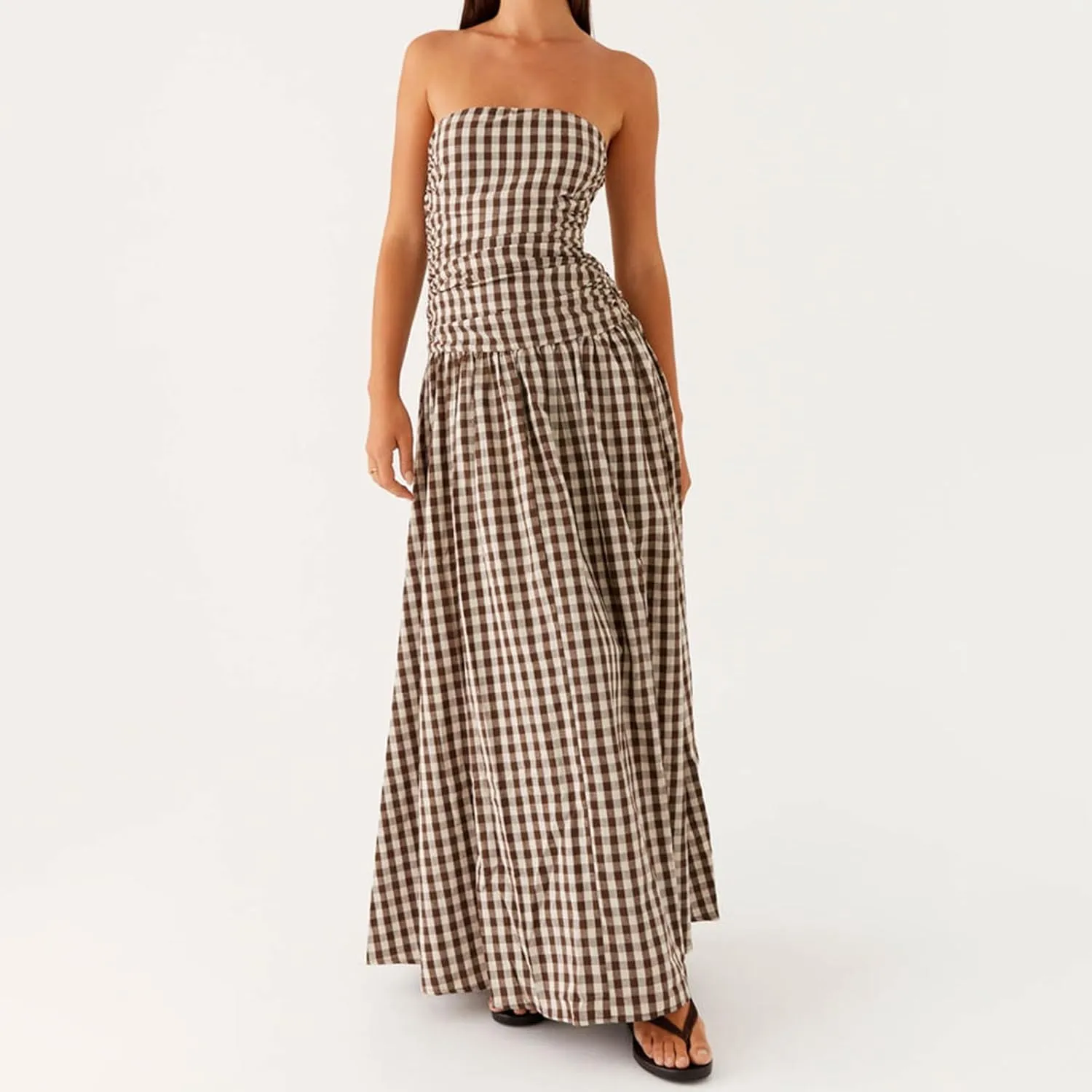 Women Summer Strapless Maxi Dress A Line Flowy Tube Top Dress Y2K Elegant Wedding Party Cocktail Long Dresses