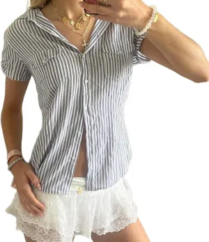 Women Y2k Short Sleeve Button Down Shirts Coquette V Neck Collared Crop Tops Vintage Slim Fit Going Out Blouse