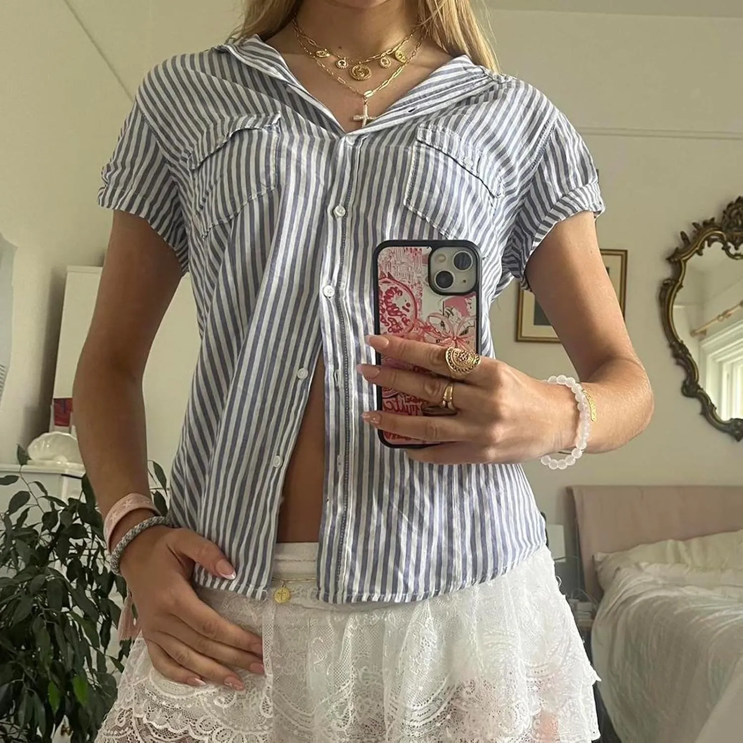 Women Y2k Short Sleeve Button Down Shirts Coquette V Neck Collared Crop Tops Vintage Slim Fit Going Out Blouse
