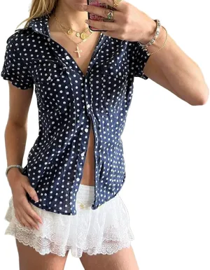 Women Y2k Short Sleeve Button Down Shirts Coquette V Neck Collared Crop Tops Vintage Slim Fit Going Out Blouse