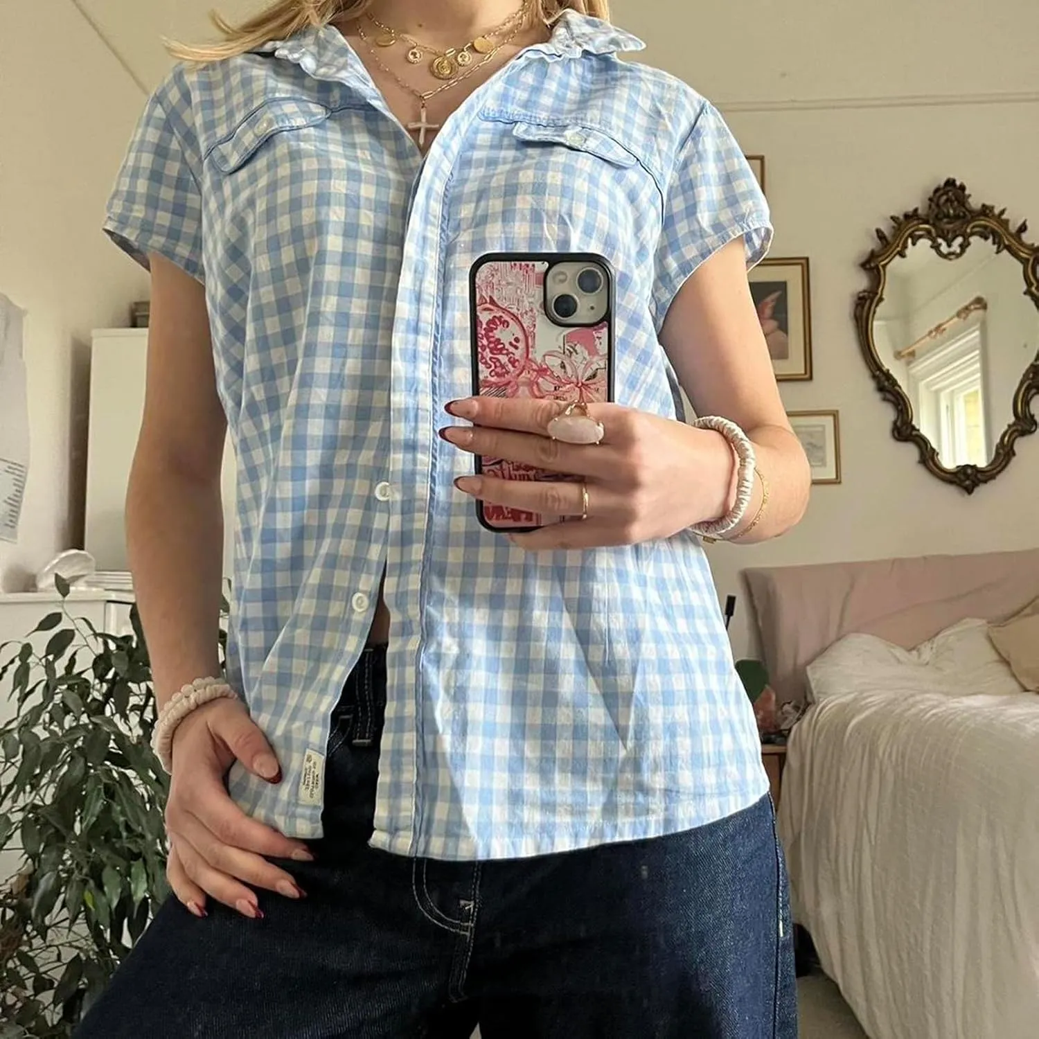 Women Y2k Short Sleeve Button Down Shirts Coquette V Neck Collared Crop Tops Vintage Slim Fit Going Out Blouse