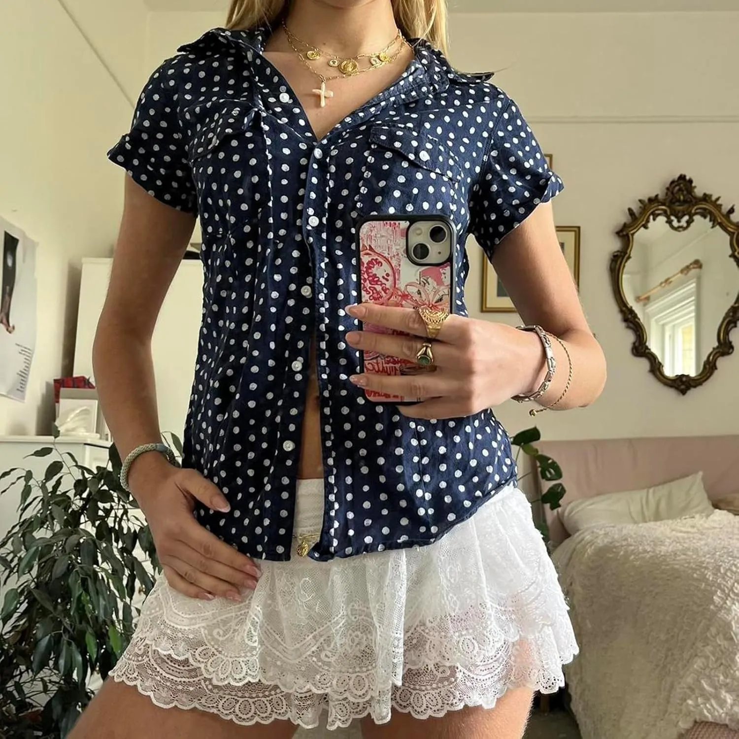Women Y2k Short Sleeve Button Down Shirts Coquette V Neck Collared Crop Tops Vintage Slim Fit Going Out Blouse