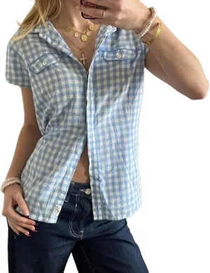 Women Y2k Short Sleeve Button Down Shirts Coquette V Neck Collared Crop Tops Vintage Slim Fit Going Out Blouse