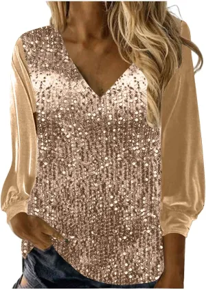 Women's Sequin Tops Sheer Long Sleeve Glitter Sparkly Party Blouse Velvet V-Neck Dressy Tops for Evening Party
